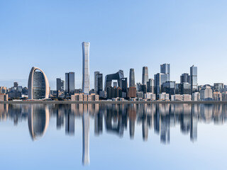 Reflection on the Water Surface of the Skyline Architecture Complex in Beijing International Trade...