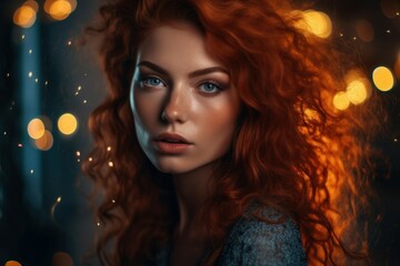 Obraz na płótnie Canvas Passionate fiery woman fire. Magnificent and fashionable person with curly red hair. Generate AI