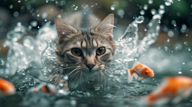 Cat playing with or trying to catch a fish
