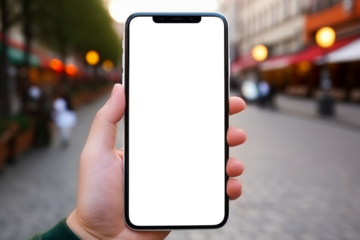 A hand holding a smartphone with blank transparent screen for mock up, against a city street in blur