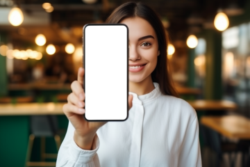 A beautiful happy girl holding a smartphone, shows the blank white screen for mock up, against a cozy cafe in blur