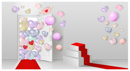 Fototapeta premium The concept of a room with an open door, a red carpet and balloons. Holiday banner template, Valentine's day, birthday, wedding. A vector image, a place to copy.