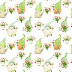 Watercolor seamless pattern with spring gnomes. Png.