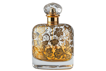 Elegant Gold Cube Perfume Bottle Clear Glass With Floral Pattern On Transparent Background