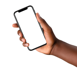 A mobile phone in the hand of an African American man, cut out