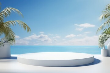 A podium, a pedestal, stage for advertising cosmetics products. Summer podium, rest, vacation.