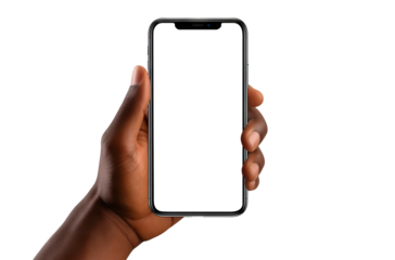 A mobile phone in the hand of an African American man, cut out