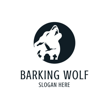 Horror logo vector featuring a barking wolf, a crow and a grave. Simple and modern. Suitable for any business, especially related to logos.