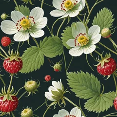Gardinen Illustration of wild strawberries and flowers - Seamless tile © Giuseppe Cammino