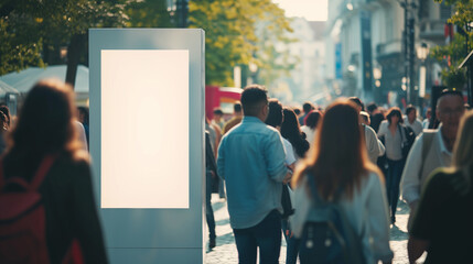 Fototapeta premium Vertical Billboard, Group of People Walking Down a Street