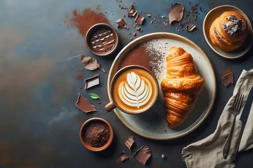 Gordijnen Artistic coffee and croissant setup with chocolate pieces. © Manuel Milan