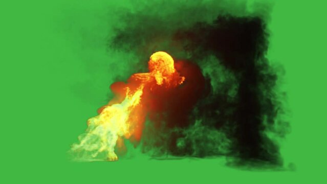 Ground fire explosion on green background with alpha channel