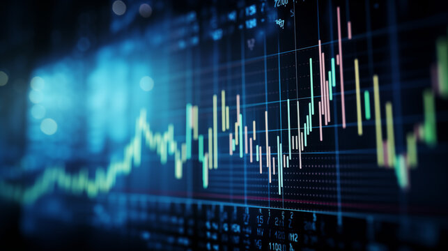 a dynamic financial chart displayed on a modern stock trading terminal, the candlestick graph