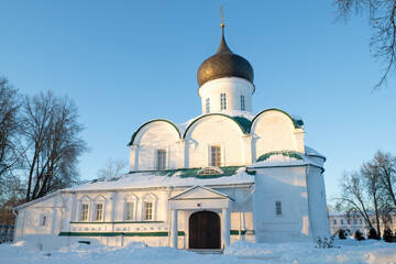 Ancient Trinity Cathedral (1513) in Aleksandrovskaya Sloboda on a January evening. Alexandrov. Vladimir region, Russia