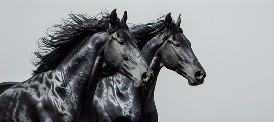 two Friesian horses on the grey background