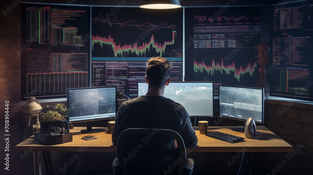 Poster trader focused on analyzing stock market data displayed on a multi-monitor setup