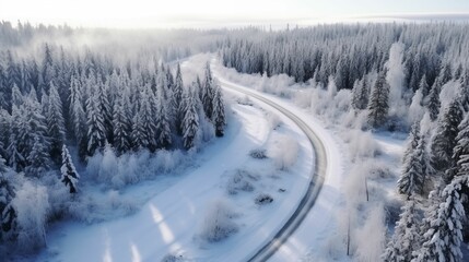 Drone view of forest in winter time. Winter top background - 708914403