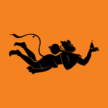 Silhouette of Hindu God Hanuman Carrying Mountain on Orange - Hanuman Minimal Illustration - Clipart Silhouette 
