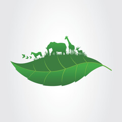 Nature conservation concept with animals on a leaf silhouette - Nature Environment Leaf - Green Life Animals Forest - Wild life - Save Planet - Save Earth - Save Nature