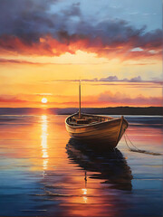 Painting of a boat in the water with a sunset.