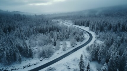 Drone view of forest in winter time. Winter top background