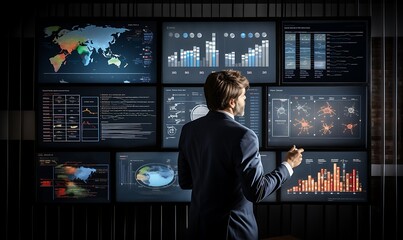 Businessman working Showing business trends dashboard with graphs, metrics, AI, E-commerce, KPI. analytical businessman planning business growth Future business technology. Generative Ai

