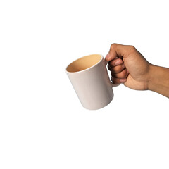 Man's hand holding a cup isolated on white background