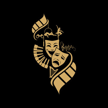 Gold comedy and tragedy masks with musical and film elements - Film and Theater - Movies Circus - Entertainment - Music - Play - Cinema - Movies - Awards - Ticket