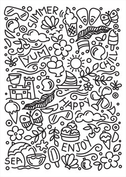 Summer Doodle Art with Ice Cream, Sun, and Sea Elements - Summer vacation Doodle - Line art minimal illustration - Holiday 