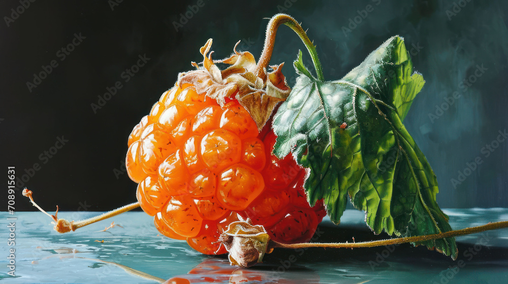 Poster  a painting of a raspberry and a leaf on a blue surface with water droplets on the surface and on the surface is a black background with a green leaf.