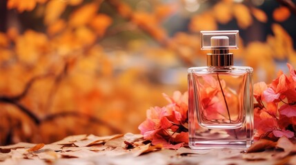 transparent glass bottle of perfume on autumn leaves background. luxurious mockup