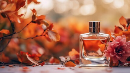 transparent glass bottle of perfume on autumn leaves background. luxurious mockup