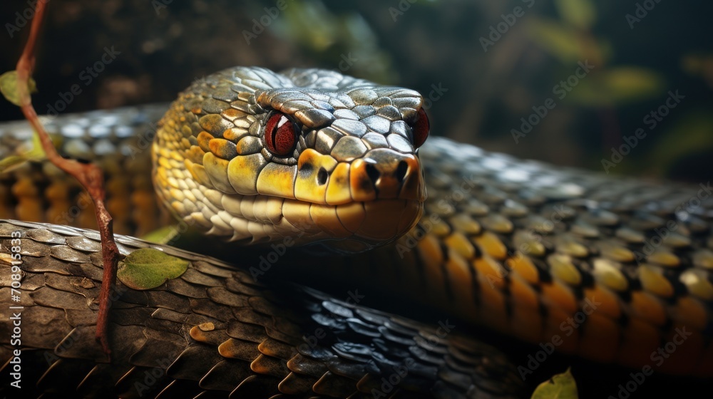 Poster a close - up of a snake's head on a branch with leaves in the foreground and a blurry background of 