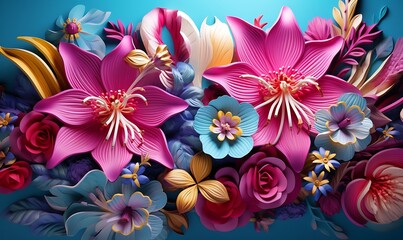 Cartoon fantasy illustration in the style of meticulous fantasy and sense of awe, tropical flowers, gold, azure and magenta. vivid 3D. Generative Ai

