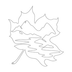 Mountain river. Beautiful mountain landscape. Tree leaf. Double exposure. Picture in picture.Continuous one line drawing. Lineart vector illustration.