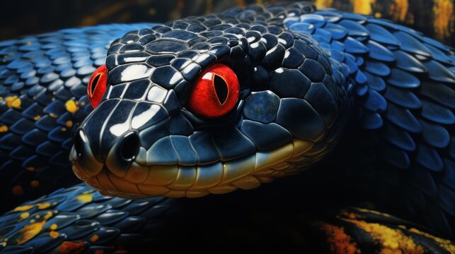 a close up of a snake's head with red eyes and a black snake's head with yellow spots on it's skin and a black background.