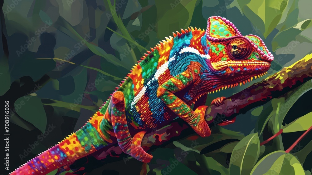 Poster a colorful chamelon sitting on top of a tree branch in front of a green leafy background with a red,