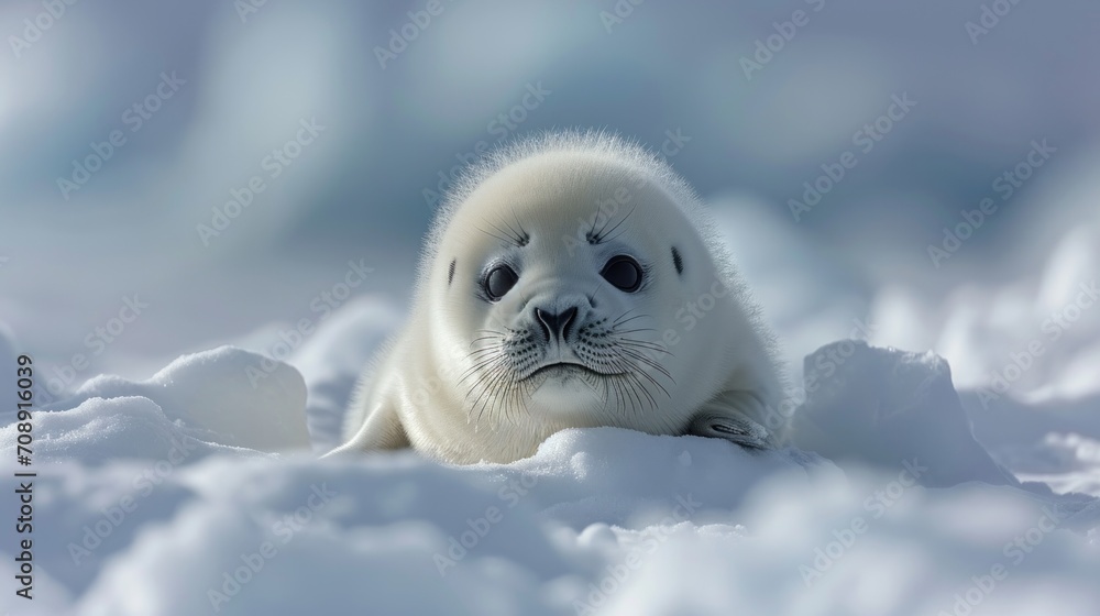 Poster a close up of a baby seal on a bed of snow with it's head resting on the top of a pile of snow and l