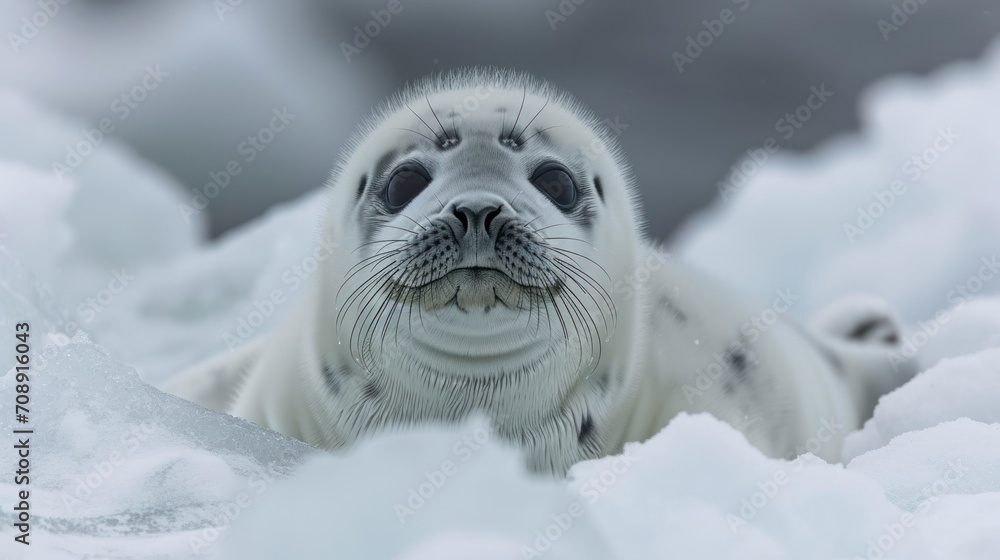 Poster a close up of a seal in the snow with it's eyes open and it's head resting on top of a pile of snow 