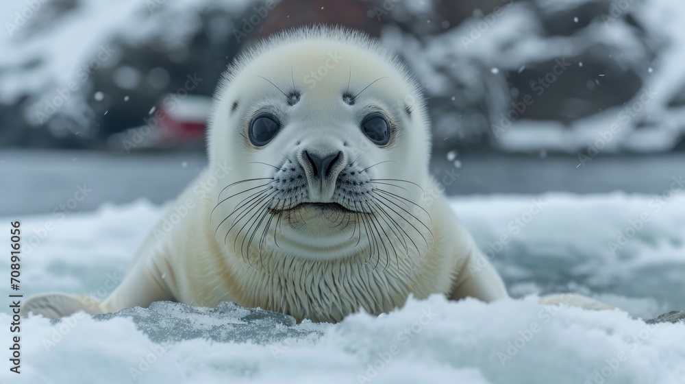 Poster a close up of a seal in the snow with it's eyes open and it's head hanging over the edge of the wate