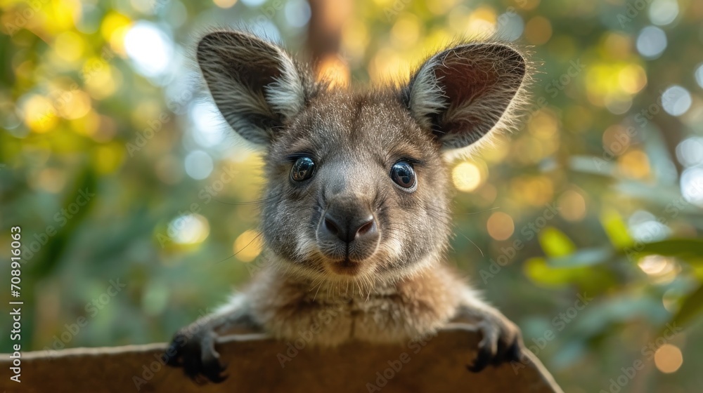 Poster a close up of a small kangaroo looking at the camera with a blurry background of trees and bushes in