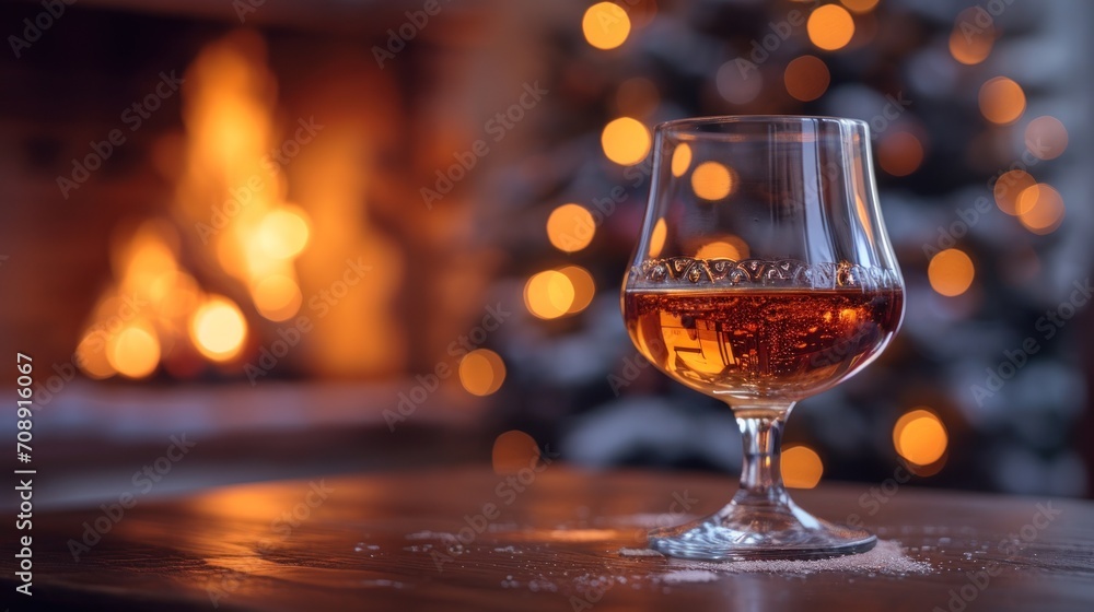 Poster a glass of wine sits on a table in front of a fireplace with a lit christmas tree in the background 