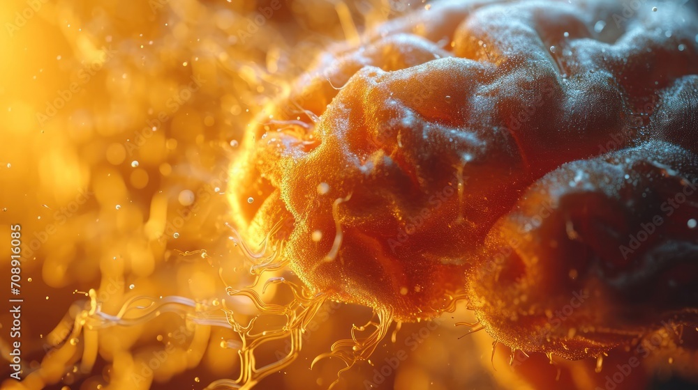 Poster a close up of an orange substance with water droplets on it and a blurry background of yellow and or