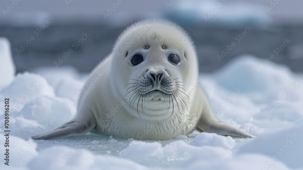 Poster a close up of a seal on a pile of snow with an ice floer in the background and an ice floer in the f