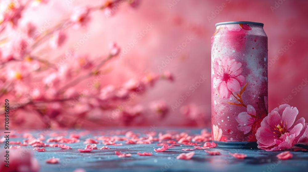 Poster a close up of a can of soda with flowers on the side of the can and a pink background with pink flow