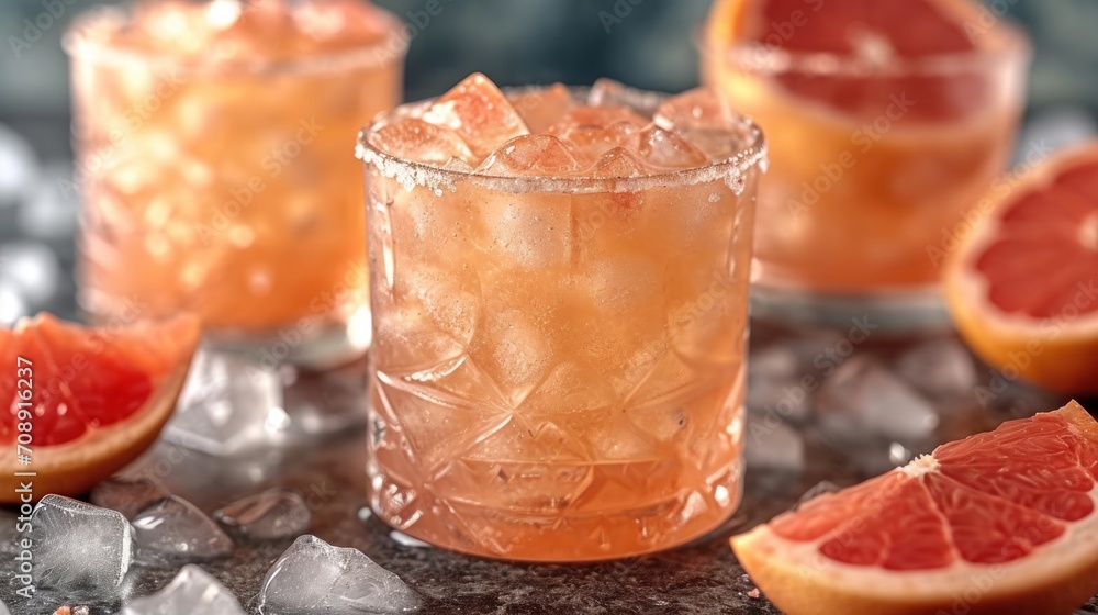 Poster a close up of a grapefruit cocktail in a glass with ice and garnished grapefruit garnish on a table 
