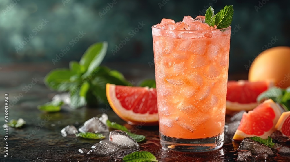 Poster a close up of a drink in a glass with ice and grapefruit on a table with mint and grapefruit on the 