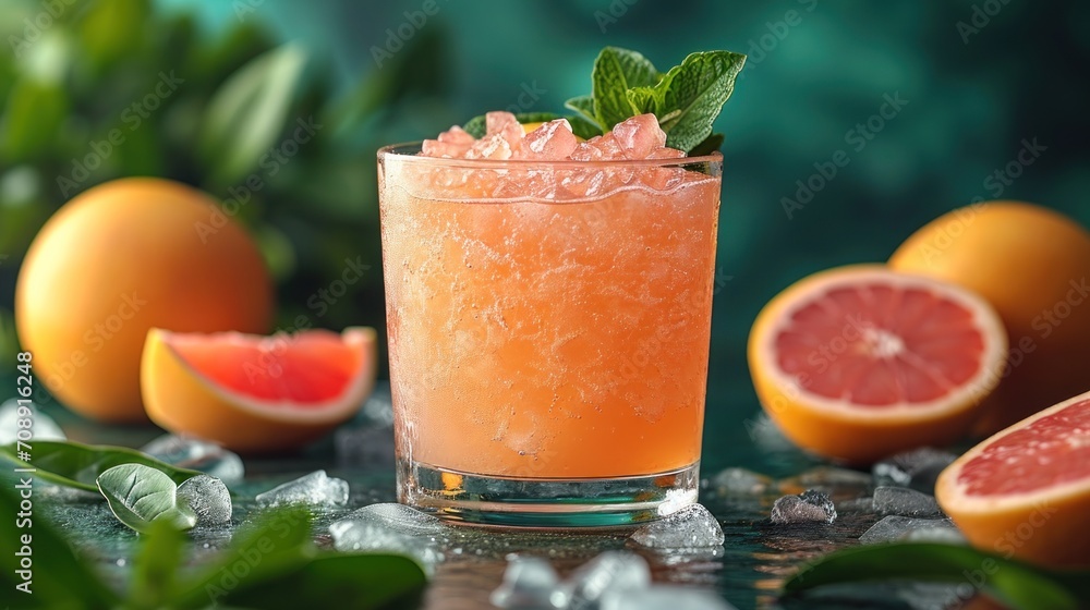 Poster a grapefruit cocktail with a mint garnish and a slice of grapefruit on a table with other grapefruit