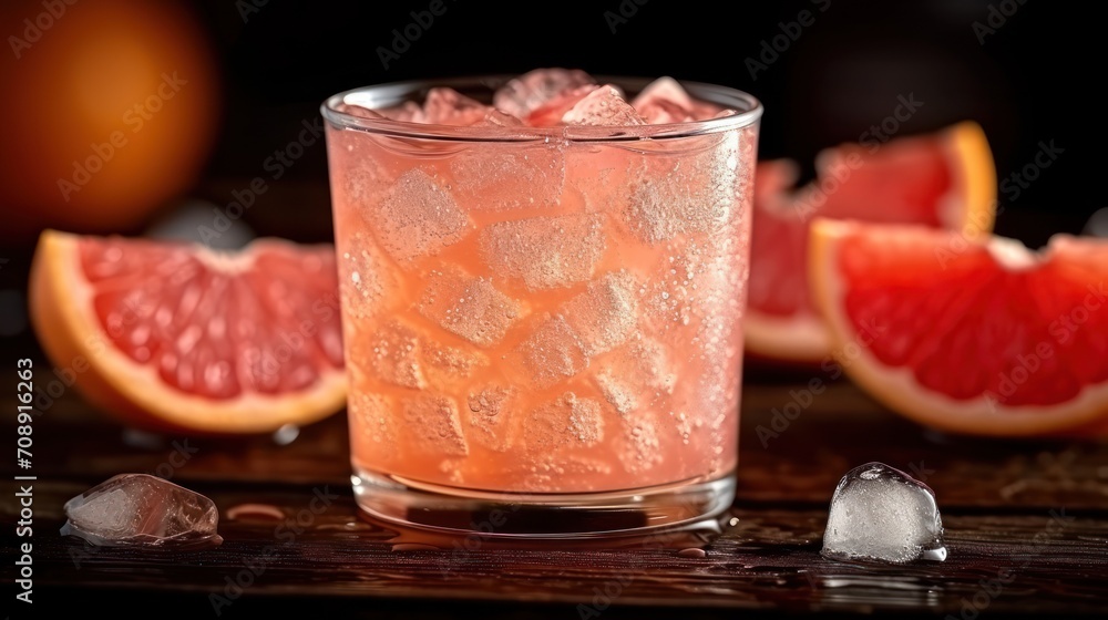 Poster a close up of a drink in a glass with ice and grapefruit on a table with other grapefruits and grape