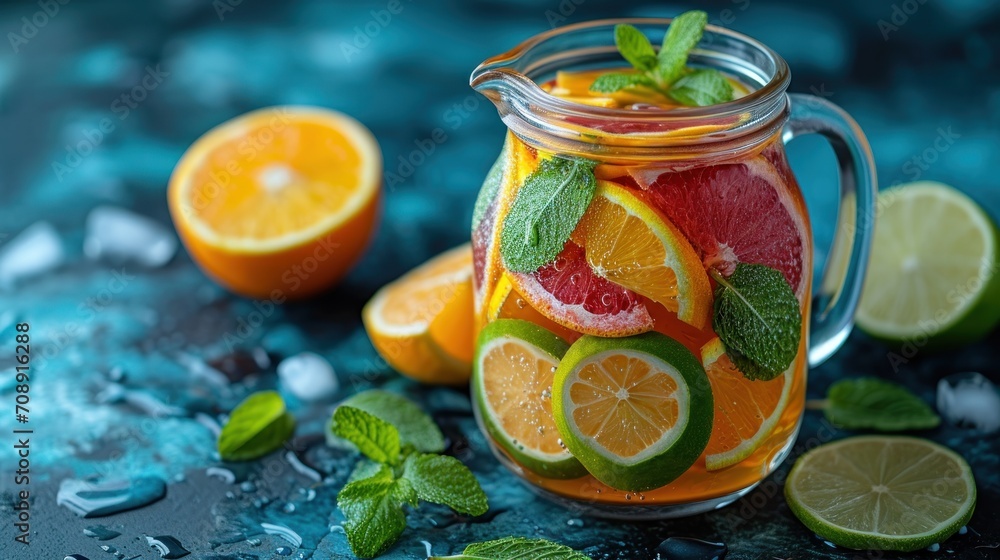 Poster a pitcher filled with sliced oranges, limes and mints on a blue surface with water droplets and mint